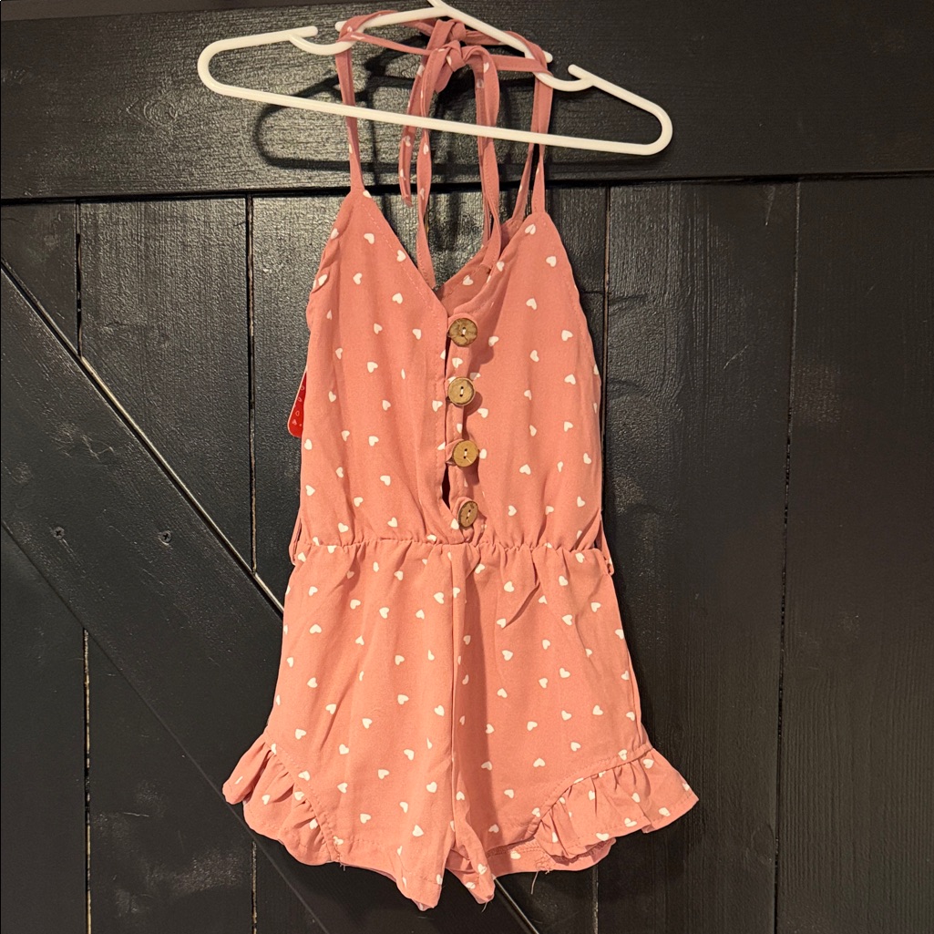 Girls Pink Heart Print Romper With Button Front